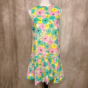Vintage 60s Vicky Vaughn Junior Multicolor Floral Pleated Drop Waist Midi Dress